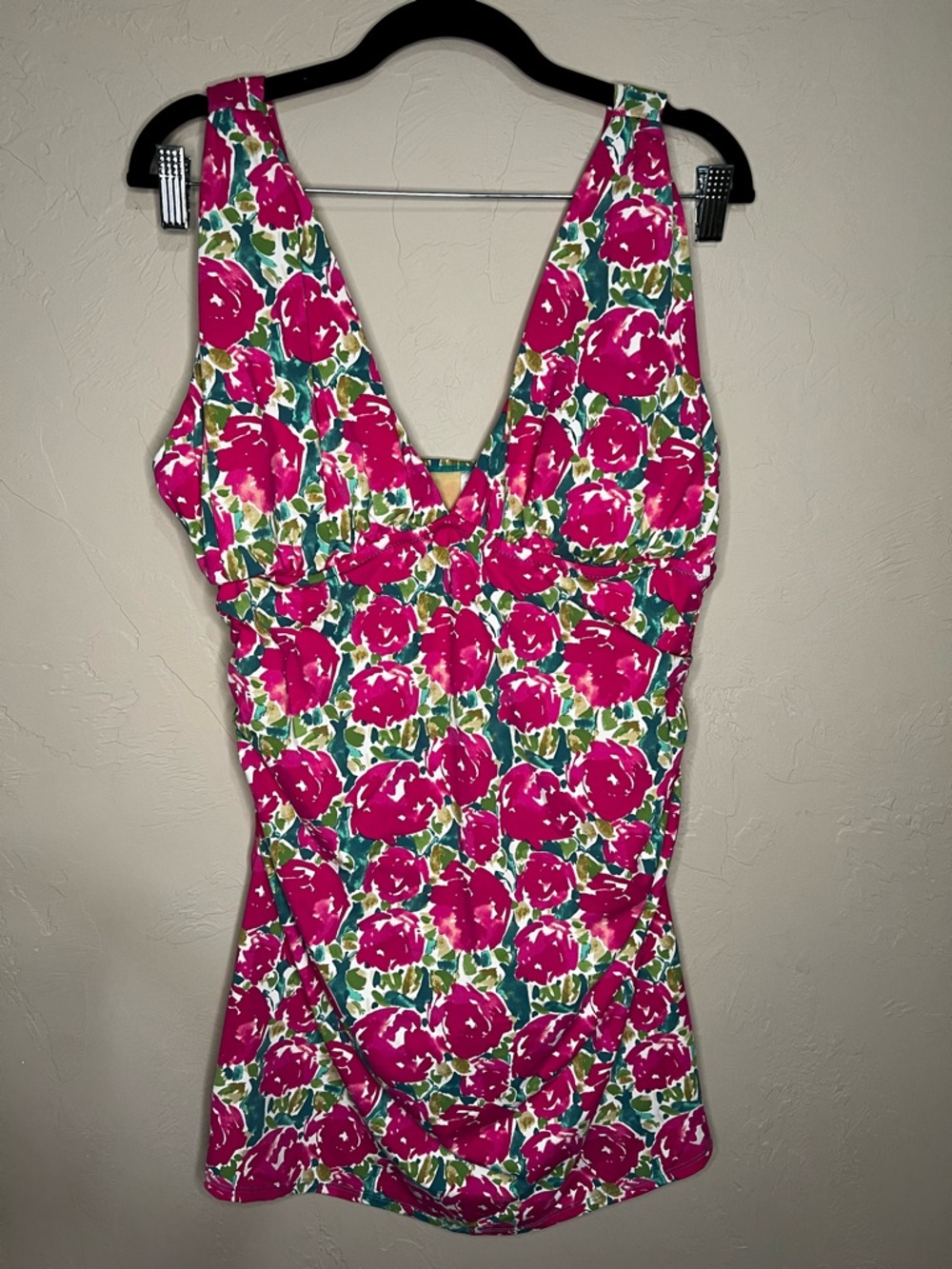 Garnet Hill Pink Rose Floral Deep V Neck One Piece Modest Dress Swimsuit - Picture 2 of 11